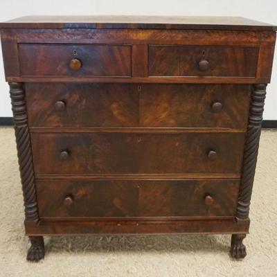 1126	EMPIRE MAHOGANY 5 DRAWER CHEST W/SPIRAL HALF COLUMNS & CLAW FEET, SOME VENEER TRIM LOSS, APPROXIMATELY 42 IN X 15 IN X 44 IN
