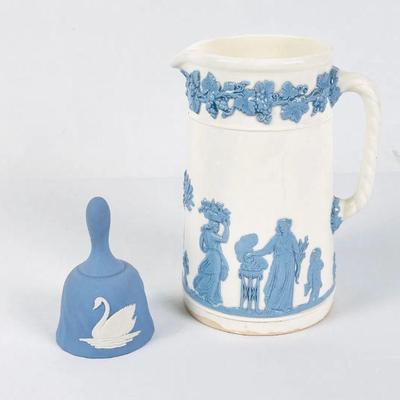 Lot #113 Vintage Wedgewood Etruria & Barlaston Embossed Queensware Pitcher & Jasperware Blue Service Bell with White Swan 
