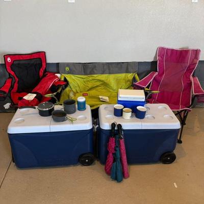 Lot #177 - Outdoor Camping Lot - Igloo Coolers, Coleman & Ozark Trail Chairs, Cookware, and Umbrellas