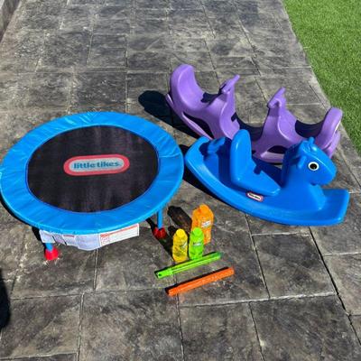 Lot #188 - Little Tikes & Simplay3 Outdoor Playset Lot - Trampoline, Rocking Horses & Bubbles