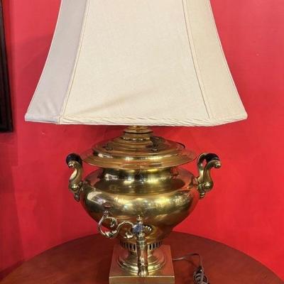 Antique brass samovar lamp conversion, silk shade, 28 1/2” h