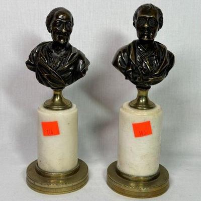 Pair of antique miniature French Victorian bronze cabinet busts on marble and bronze base, 8”