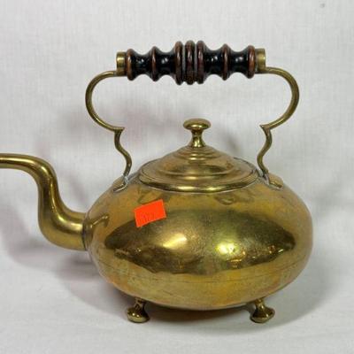 19th century Dutch brass teapot c 1830-50, turned wood handle, 7” diameter