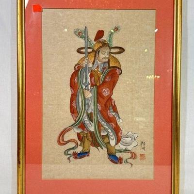 Framed Chinese Warrior watercolor and ink on rice paper, signed, red seal mark, 15” x 20”