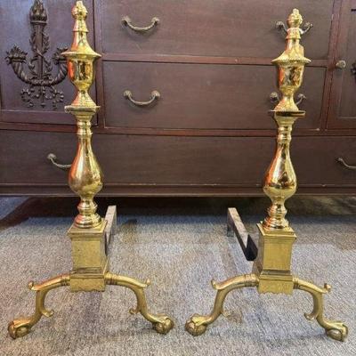 Pair of Virginia Metalcrafters Colonial Williamsburg federal style brass andirons, 24 1/2” h