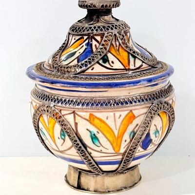 Vintage Moroccan Ceramic Jar/Vase/Urn with Lid – Hand Painted & Silver Filigree (7” Tall)