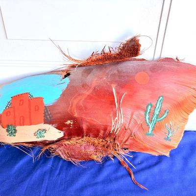 Hand-Painted Palm Bark Art – New Mexican Desert Landscape (16”)