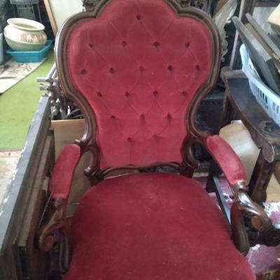 Red victorian carved chair and sofa