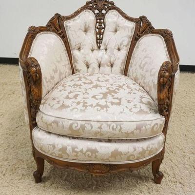 1204	ORNATE PIERCED CARVED WALNUT ARM CHAIR WITH TUFTED UPHOLSTERED SIDE AND CARVED FLOWERS IN URNS AND BIRDS, APPROXIMATELY 32 IN X 36...