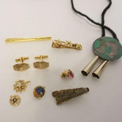 1144E	ASSORTED MENS JEWELRY INCLUDING STERLING SILVER MEXICO BOLERO TIE, PENNSYLVANIA RAILROAD TIE TACK, LODGE TIE TACKS, CUFF LINKS
