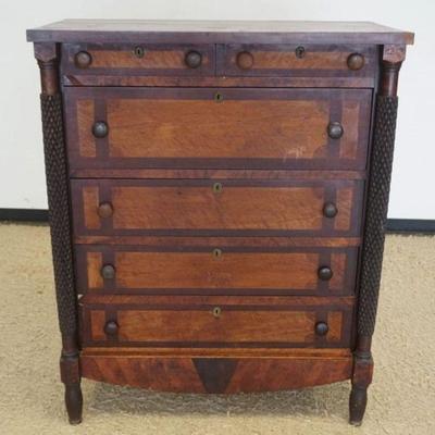 1160	ANTIQUE FEDERAL 6 DRAWER CHEST WITH BIRDSEYE MAPLE VENEER, DRAWER FRONT AND PINE APPLE TURNED COLUMNS, SOME LOSS TO VENEER,...