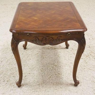 1201	MAHOGANY PARQUET TOP LAMP TABLE WITH CABRIOLE LEGS AND PULL OUT SURFACE, APPROXIMAELY 22 IN X 27 IN X 23 IN H
