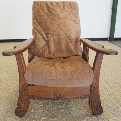 1198	ANTIQUE OAK MORRIS CHAIR, APPROXIMATELY 34 IN X 33 IN X 25 IN H, BOTTOM SEAT BOARD MISSING
