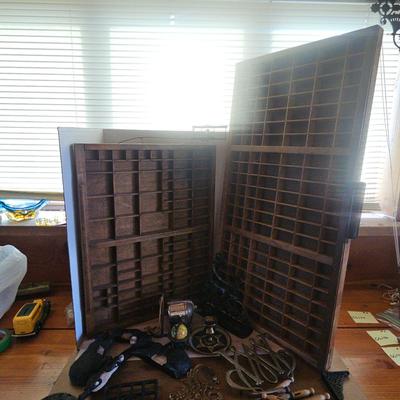 2 News Print Type Drawers, Metal Trivots And Misc Decor