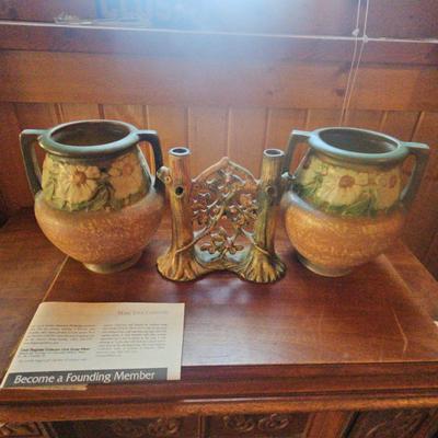 2 Unmarked Roseville Style Double Handled Vases With Decorative Bud Vase