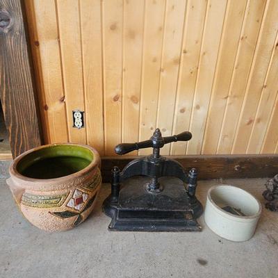 Cast Iron Book Press, Small Crock And Flower Pot