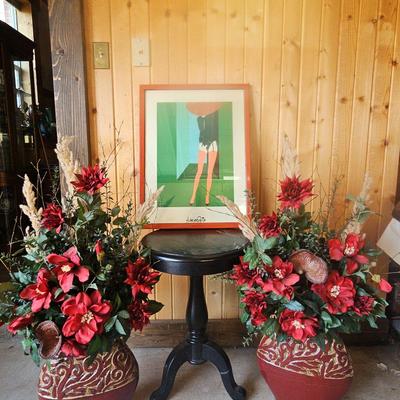 Side Table, Framed Amleto DallaCosta Print, 2 Floral Arrangements 