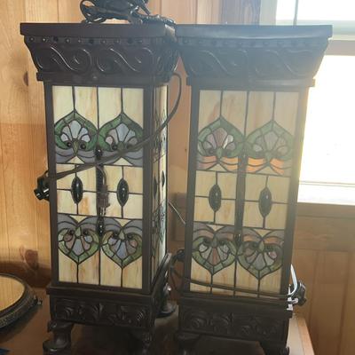 Pair Of Tall Tiffany Style Art Deco Lamps, Green Glass Lamp On Brass Pedestal