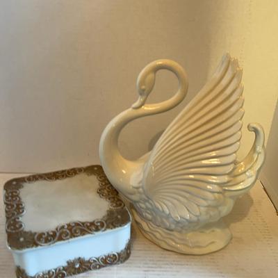 Vintage White Milk Glass Trinket Glass Box & Swan Lamp
