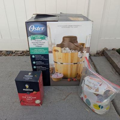 Lot #174 - Oster 4-Quart Wooden Bucket Ice Cream Maker Bundle with Ice Cream Salt.