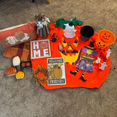 Lot #112 - Fall & Halloween Decor Lot - Pumpkins, Costume, Welcome Signs, Ghosts & More.