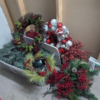 Lot #122 - Holiday Décor Lot - Wreaths, Artificial Tree, Tree Skirt, and Greenery
