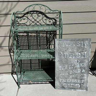 Lot #159 - Vintage Green Folding Metal Plant Stand and Porch Sign Lot.