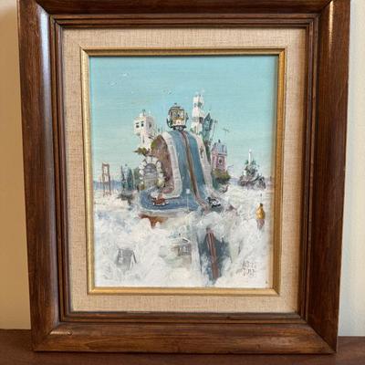 San Fantasia surreal San Francisco fantasy original painting by famed San Francisco artist, Albert Tolf. Measures 14” x 12 1/4”....