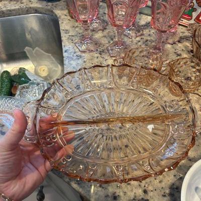 Divided pink D glass server. 