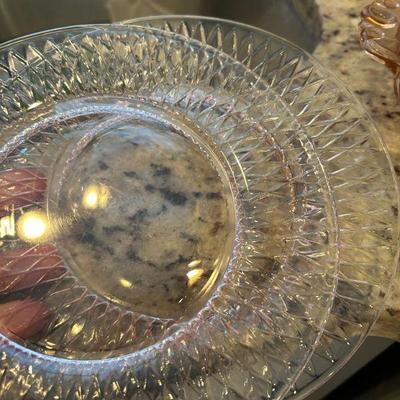 Set of 2 pink D glass luncheon plates. 