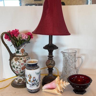 Decorative Lamp, Enamel Pitcher & Vase, Heavy Glass Pitcher & Bowl