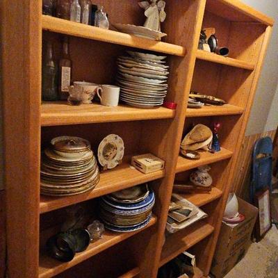 Folk Art, Collection Of Decorative Plates & Glass Bottles With Shelf