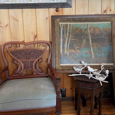 Intricate Carved Chair, Side Table & Framed Deer Picture