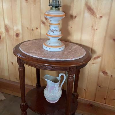 Marble Top Table With Lamp And Pitcher