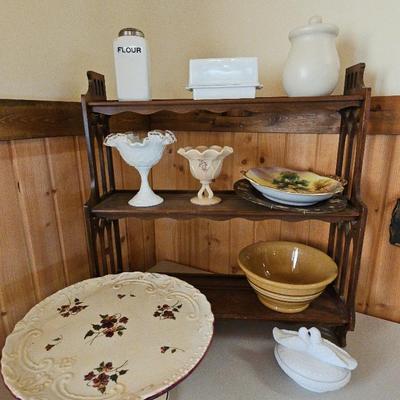 Small Wooden Shelf With Milk Glass & Dishes