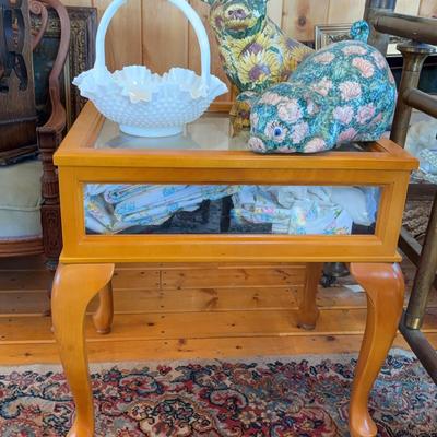 Glass Display Table, Milk Glass Basket & 2 Ceramic Pigs