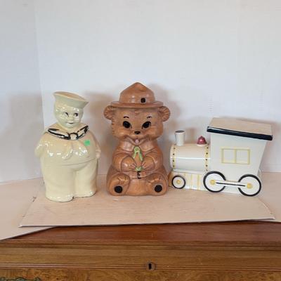 Shawnee Pottery Sailor Boy, Smokey Bear & Twin Winton Engine Cookie Jars