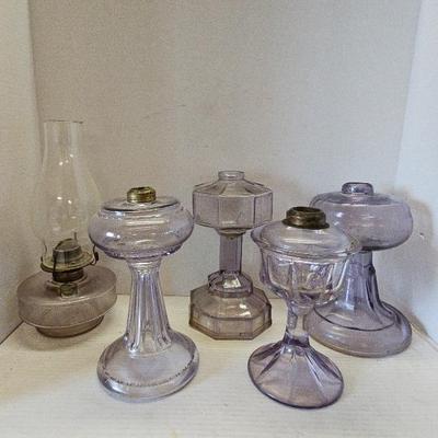 5 Antique Purple Glass Oil Lamps 