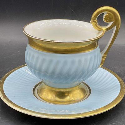 LIMOGES FRANCE Blue & Gilt Porc Tea Cup & Saucer
