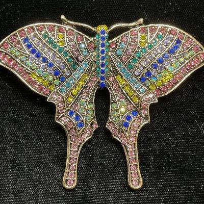 Gold Tone Multicolor Crystal Butterfly Brooch

