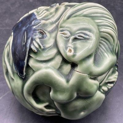 Vntg Handmade Glazed Nude Figural Pottery Sphere
