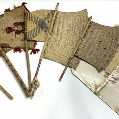 Lot 6 Assorted Woven Flag Form Hand Fans
