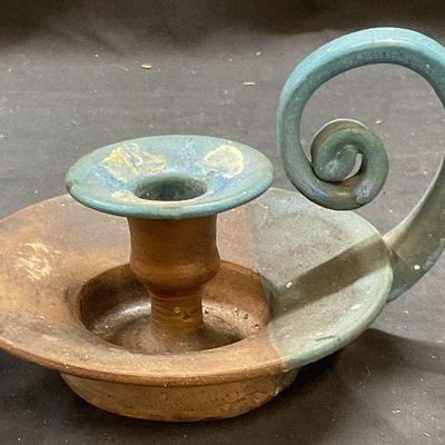 Signed Rustic Blue Ceramic Pottery Candle Holder
