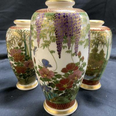 Lot 3 Vntg Assorted Hand Painted Asian Vases
