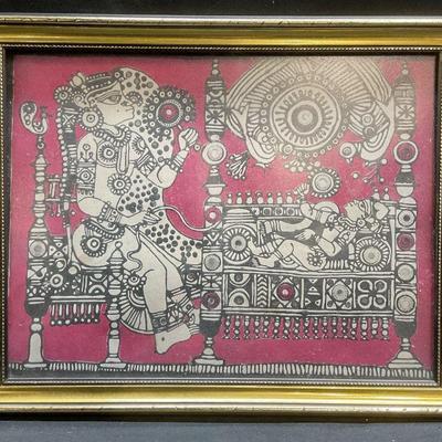 Framed Indian Kalamkari Figural Lithograph
