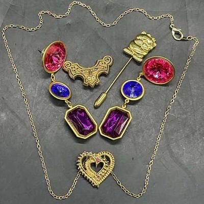 4 Vintage Gold Tn Metal Earrings, Pin, & Necklace
