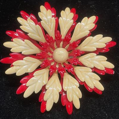 XL Vintage Red Enamel Flower Brooch, 3In W
