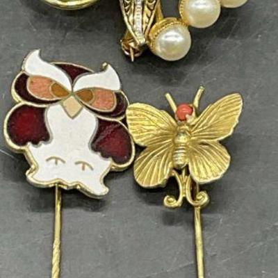 Lot 3 Figural Stick Pins & Pearlescent Bead Brooch
