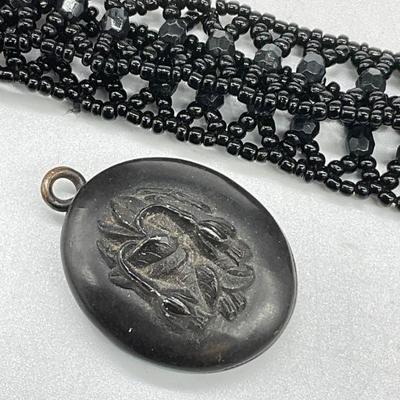 Lot 2 Black Seed Beaded Necklace & Carved Pendant
