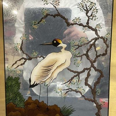 Framed Crane Mixed Media Mirror Painting
